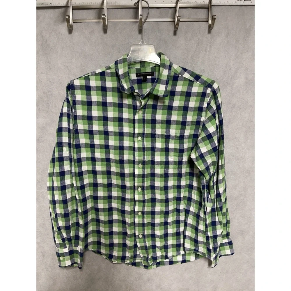 Banana Republic Shirt Men L Green Plaid Linen Cotton Button Up Academia Vacation